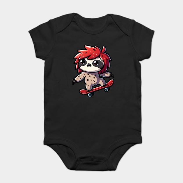 Skateboarding Sloth Manga Style Design - Cool Shaggy Hair Baby Bodysuit by Yesteeyear